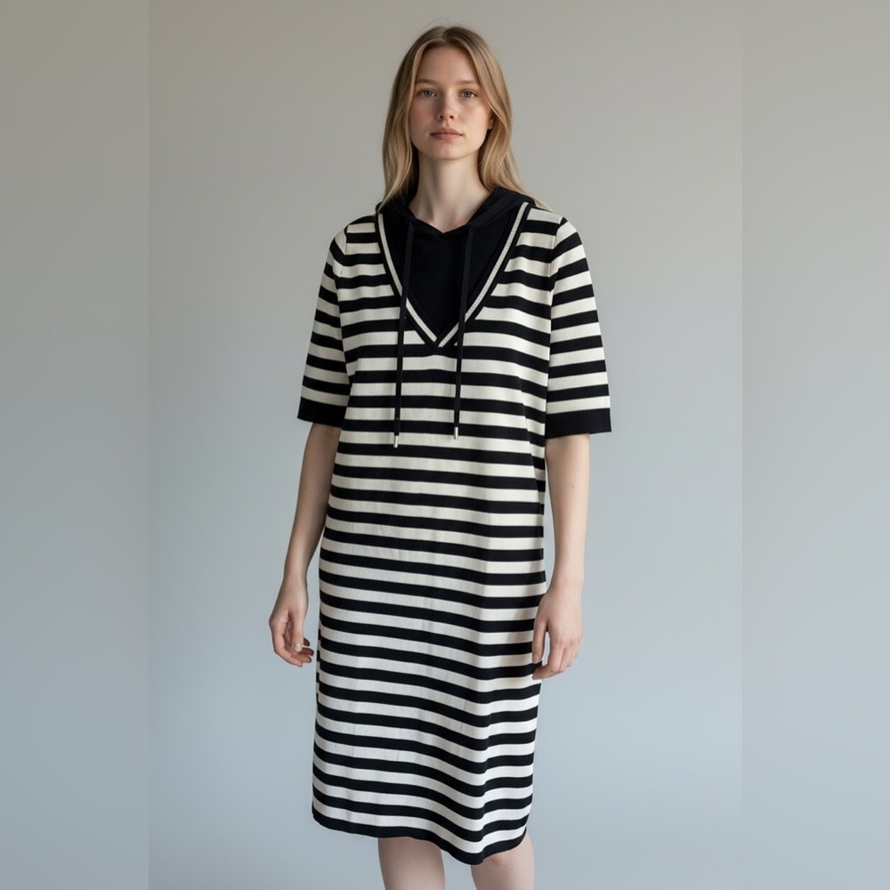 Black and White Striped V-Neck Hoodie Dress